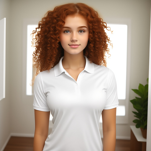 18 year old small waist huge thick super size boobs ginger curly hair white girl in tight polo shirt in custom style