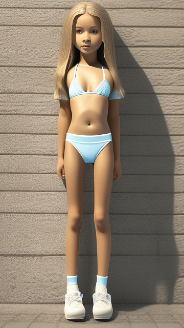 Realistic, detailed 12-year-old, blonde-haired girl, bikini, full body length, wearing her rubber shoes with long socks, pale skin, front view,  in custom style