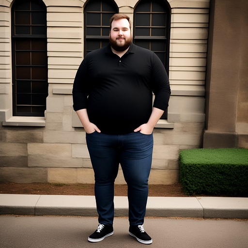 Full body and face visible. no beard. obese brown haired white man in jeans with black shoes and with a massive belly that doesn’t fit in the jeans in custom style