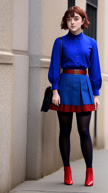 Maisie williams wearing a royal blue blouse with a royal blue skirt and red belt, wearing black tights and red flats. in custom style