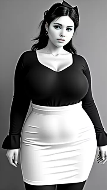 Very wide hips, very big and fat butt, full large voluptuous breast, curvy, modest, fully clothed, skirt, tight fitting clothes, skinny face, jewish, woman, sfw, metis in bw photo style