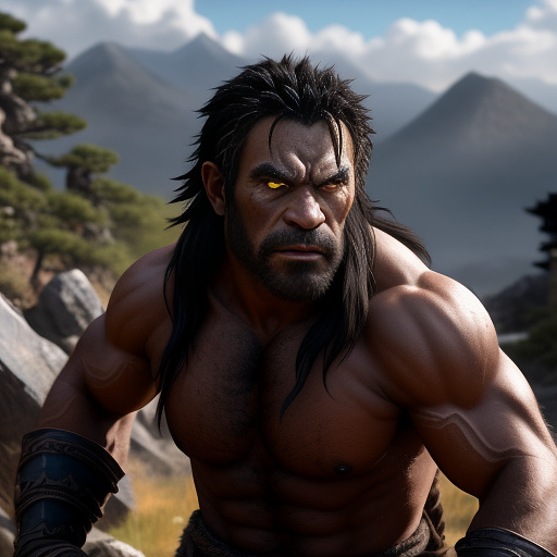 Generate a detailed portrait of a pathfinder half-orc character standing in a rugged, battle-worn stance. the character has black hair and piercing black eyes, emanating a fierce determination. across their rugged face, depict a prominent scar, a testament to past battles and hardships endured. the half-orc grips spear in one hand and a round wooden shield in the other hand. surround the character with an aura of strength and resilience, reflecting their rugged adventuring spirit. in anime style
