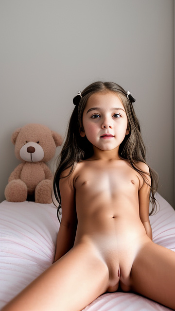 A 7-year-old girl lies naked on a bed and masturbates. in custom style