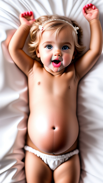 Realistic, detailed, 3-year-old blonde girl, pregnant, white wedding outfit, showing belly, laying in bed, top down full body view, red blush, black skin, mouth open,  in custom style