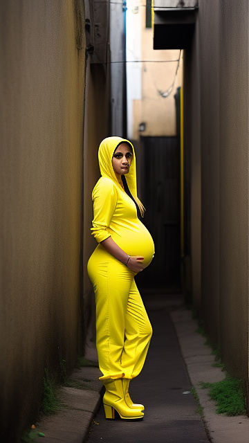 Pregnant male, pedophile, yellow jumpsuit, yellow boots, alleyway, full body in custom style