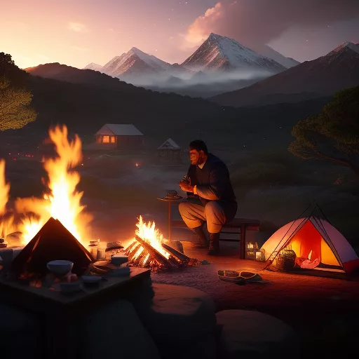 A goat has been killed and now is being roasted on the fire.
a large muscled man with grey skin happily eats by the fire, the makeshift camp is on top of a hill overlooking the water.
it is a pleasant sunset evening in anime style