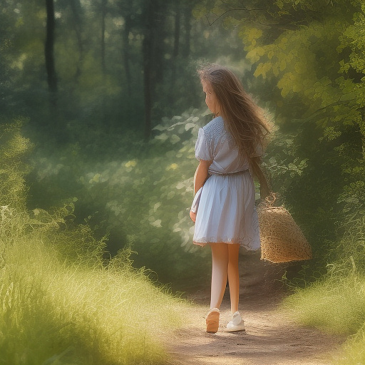 A 9-year-old girl is walking along a forest path. it's evening. she has a basket in her hand. view from behind. in custom style