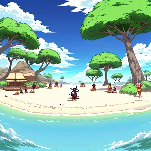 A panda, lion, a monkey, a girafe, a pirate, a leopard are jumping and playing instruments on a desert island.
 in anime style
