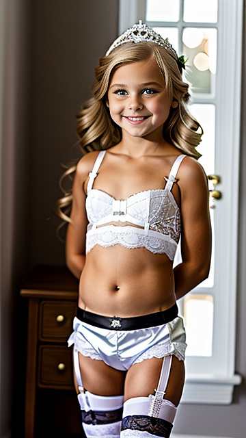 White blond 7 year old girl, tight shorts , blond, lace bra, garter belt, smiling, bridal tiara, stockings
 in custom style