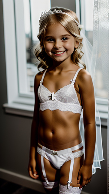 Cute white 5 year blonde girl, lace bra mini underwear ,smiling, garter belt, bride tiara long, pale skin, 6 year old body  in custom style