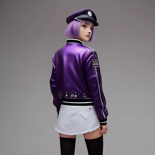 1girl, solo,  hand in pocket, over shoulder , punk jacket, purple hair, white background, military_cap, full body in anime style