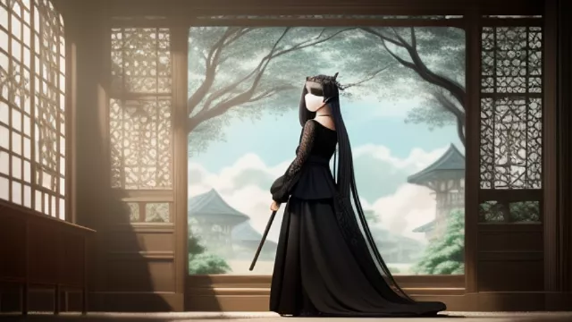 A young maiden wears a black dress, she's blind and wears also a blindfold on her eyes, whe walks with a wizard stick in her hands in anime style