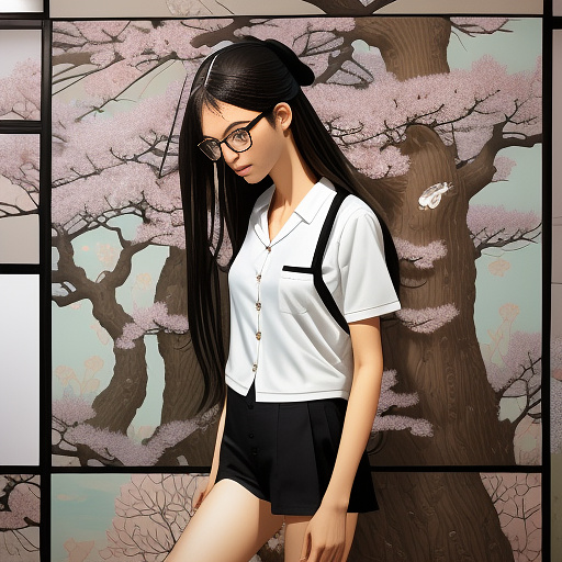 Ultra realistically a 22 year old german girl with a black braid with glasses and brown eyes 1.70 tall thin with a cell phone in hand with schoolgirl uniform with a spreading legs on the bed and with underwear with opening in the crotch you can see her vagina and her anus in anime style