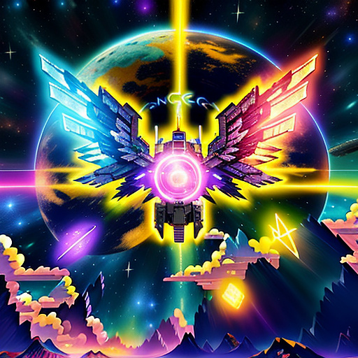 A cheerful transformer flies through space against the backdrop of planets. in angelcore style
