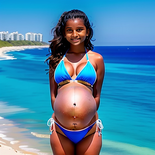 Pregnancy of 13-years-old girl pregnant of 40 weeks at the beach wearing blue bikini and a big sweaty belly with *white skin* and juicy milky boobs  in custom style