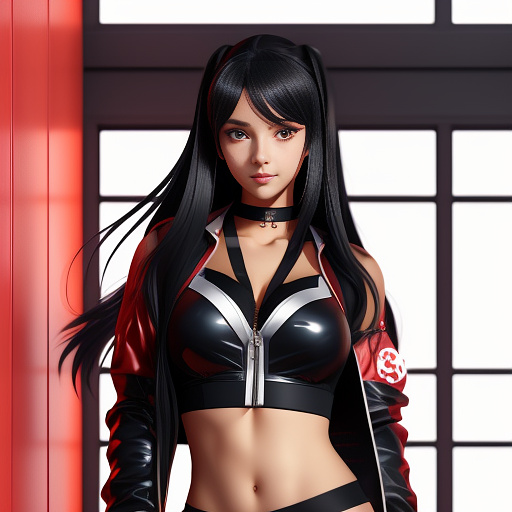 Cyborg anime girl with neon blades wearing a red jacket, short black skirt, black crop top,  and thigh high's. she has long black hair with red at the end, has large hips, and wears a long red scarf around her neck in anime style