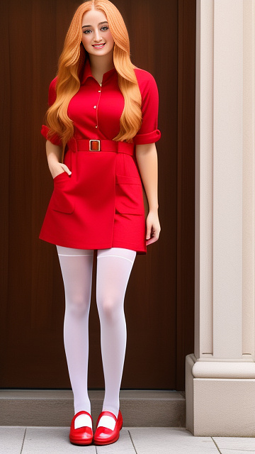 Sophie turner wearing a red shirt, white pinafore dress, red pantyhose, and red loafers in custom style