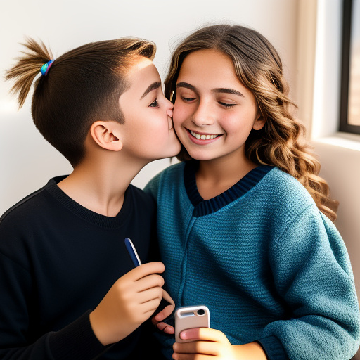 Selfie-style image of a 11-year-old european girl kissing her boyfriend on the lips, phone visible in her hand, relaxed and joyful mood, bright daytime lighting. in custom style