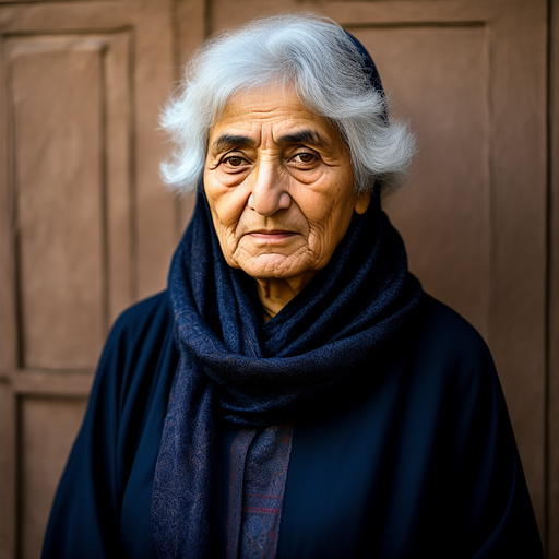 An old woman whose name is mehbobe and she is iranian in custom style