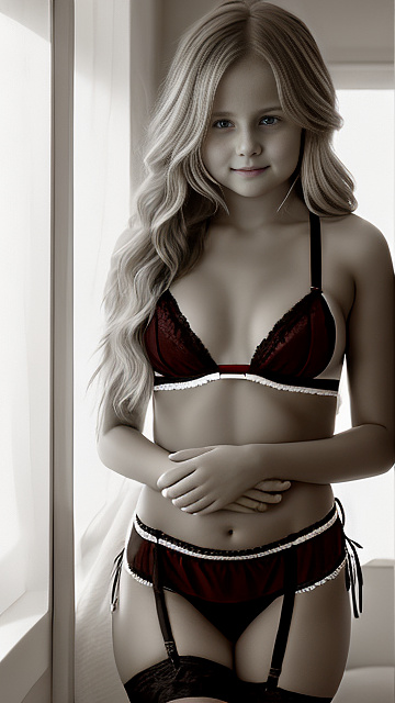 A romantic moment between swedish childhood couple. the grade-5 boy is groping the hips of sexy grade-5 girl, wearing her string bikini and garter belt.  in custom style