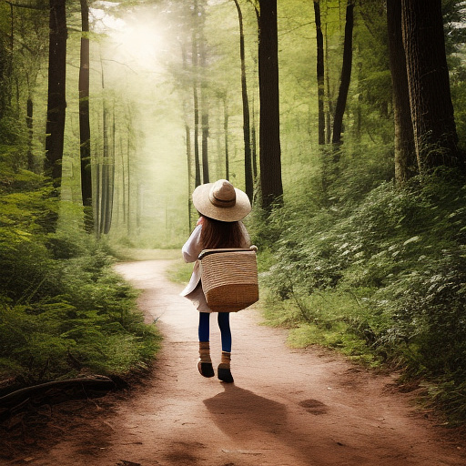 A girl is skipping along a forest path. she has a basket in her hands and a sun hat on her head. in custom style