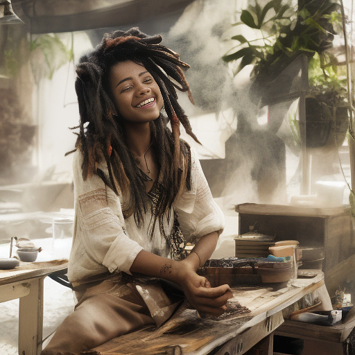 A black rastafarian is sitting on a worktable, smiling happily and smoking. the room is smoky. in custom style