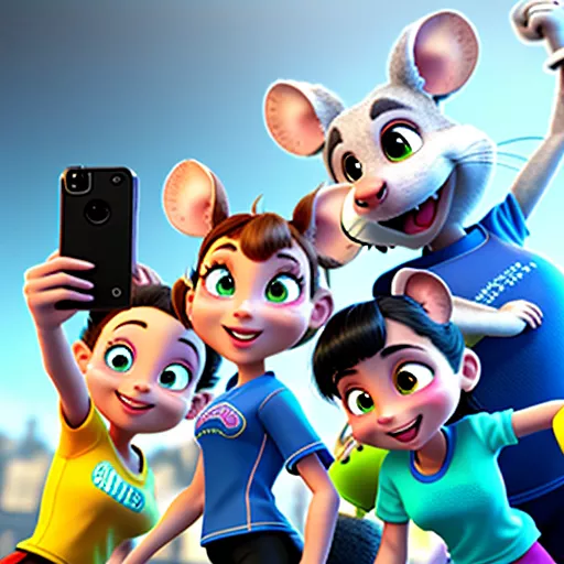 A group of cute rats dressed in gym clothes taking a selfie, realistic in disney 3d style