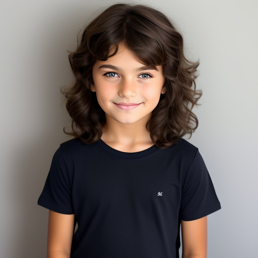 A nine year old boy with dark brown messy hair, dark brown eyes, a round face and wearing a dark blue tee shirt in custom style