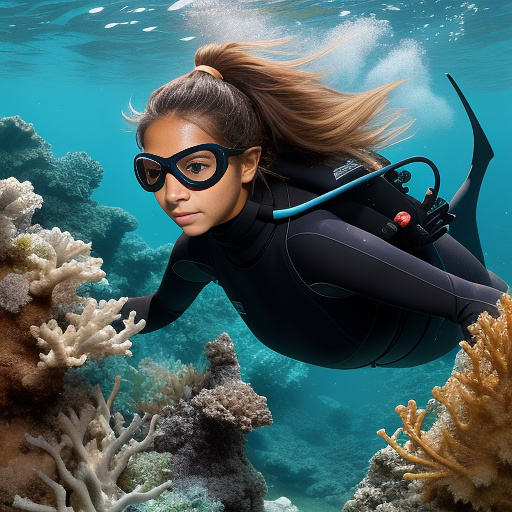 Depict an 18 year old tanned woman with light brown skin and long black hair in a ponytail. she is dressed in an ama diver's loincloth and a black oval diving mask (covering her eyes and nose). also depicted is an 18 year old tanned woman with light brown skin and short black, messy, and spiky hair. she is dressed in a long sleeved black and light blue wetsuit with a light blue diving mask covering her eyes and nose (so her nose is invisible) and she is barefoot. the two women are underwater swimming towards a large sunken cargo ship. both women have their lips closed and puckered with puffy cheeks as they hold their breath. the background is a sandy sea bed decorated with several coral formations, strands of seaweed swaying in the ocean current, and several different types of marine life swimming around. in anime style