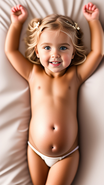 Realistic, detailed, 4-year-old blonde girl, pregnant, tan wedding outfit, showing belly, laying in bed, top down full body view, red blush, tan skin, mouth open, milk  in custom style