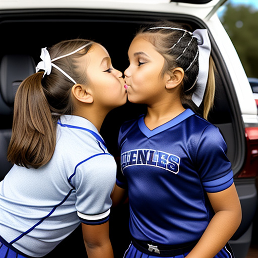 Two 10 year old cheerleaders kissing in parents car in custom style