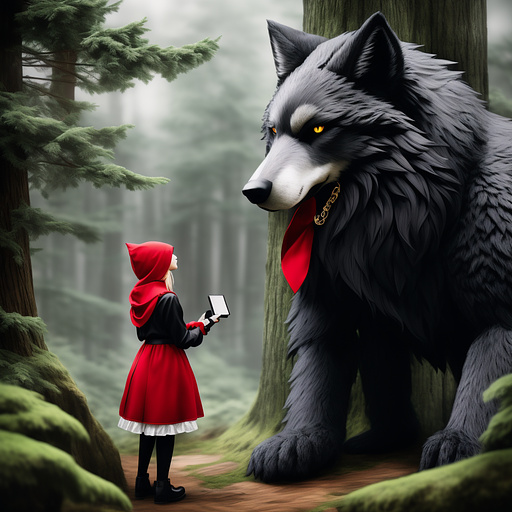 Little red riding hood
talking with an anthropomorphic grey wolf man in anime style