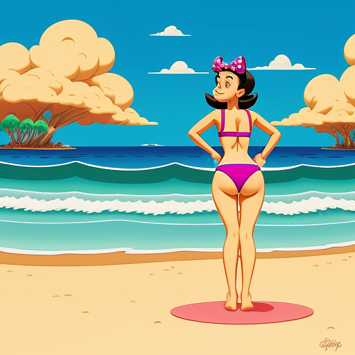 Thick 12 year old with bikini on the beach bending over to the ground in disney painted style