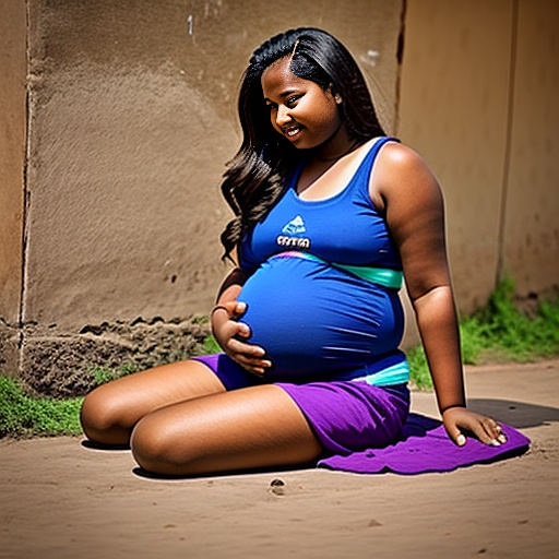 Pregnant 14-year-old girl pregnant with 3 baby kicking inside the belly looking forward in custom style