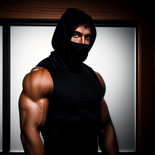 Bodybuilder at night, wearing a black balaclava, cabin, 90s horror game character, realistic  in custom style