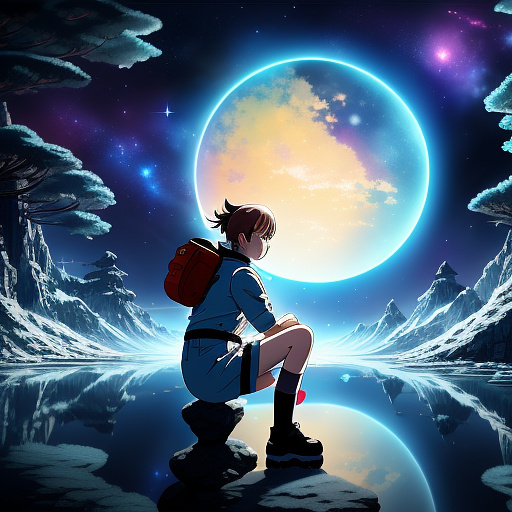 Anime style, a young girl with curious eyes wearing a vintage spacesuit, sitting on the rings of saturn, which look like a beautiful river of ice and rock. studio ghibli aesthetic, soft lighting, vast nebula in the background. in anime style