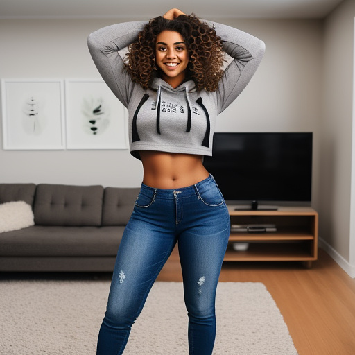 Sexy brunette college student with large boobs and her arms up and curly hair and in a long sleeve cropped hoodie and jeans pants and showing her whole belly and her legs and standing in the living room and full body picture in custom style