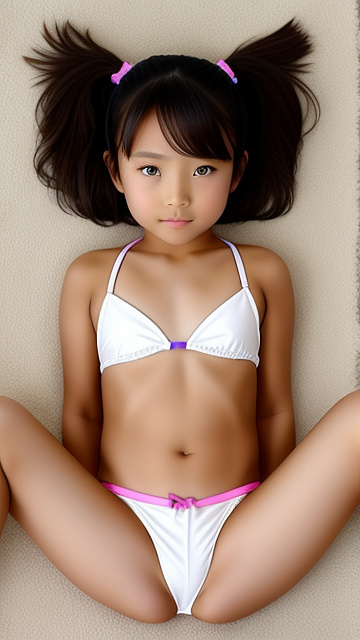 Cute 11-year-old asian, wearing a thin string bikini, spreading her legs, in custom style