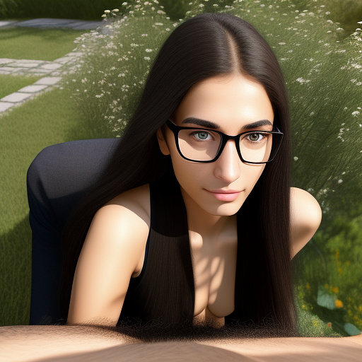 Ultra realistically a 22 year old girl with a black braid glasses and brown eyes 1.70 tall thin in the garden on the lap of a 40 -year -old man his penis urgent into her vagina a detailed third person perspective in custom style