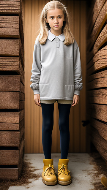 Realistic, detailed 12-year-old, blonde haired girl, full body length, wearing her rubber shoes, with long socks, wearing long sleeve shirt only, wearing panty, pale skin, pooping inside the outhouse privy, defecating poop, stomach rumbling in custom style