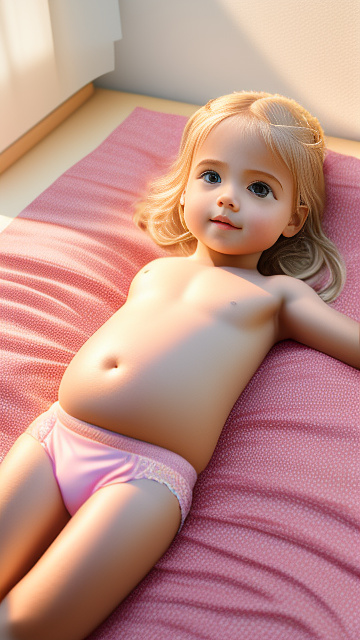 Realistic, detailed, 5-year-old blonde girl, in pink underwear, pregnant, laying in bed, top down view, blushing in egypt style