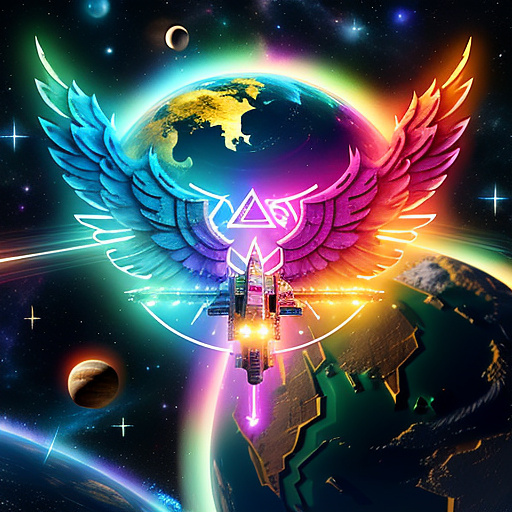 A cheerful transformer flies through space against the backdrop of planets. in angelcore style