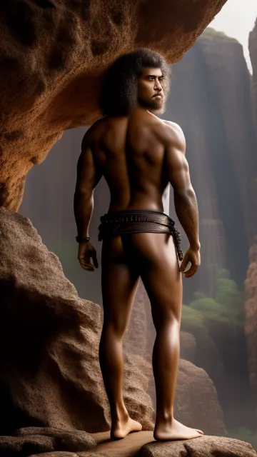 Austin butler as a primitive caveman standing on a rock wearing a leather loincloth in disney painted style