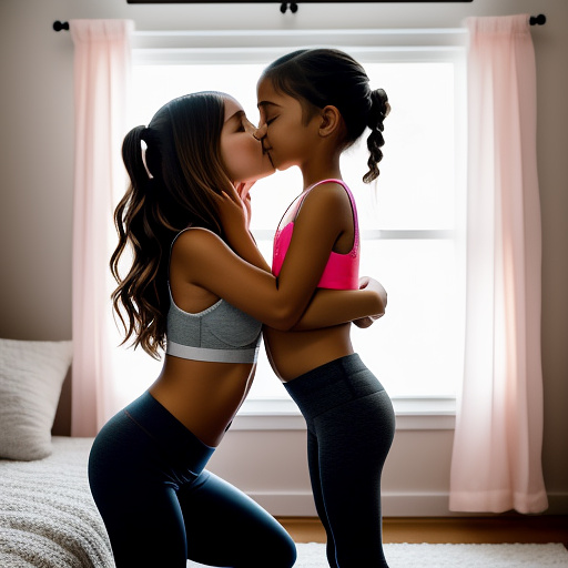 A romantic moment between a childhood couple in a cozy bedroom. the 11-year-old sexy hot girl, wearing a light, stylish bras and yoga pants, shares a gentle kiss with her 11-year-old boyfriend.  in custom style