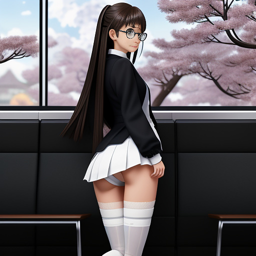 Ultra realistically a 22 year old german girl with a black braid with glasses and brown eyes 1.70 tall thin in schoolgirl uniform kneel on a chair her sex underwear is open in the crot you can see her vagina and her anus in anime style