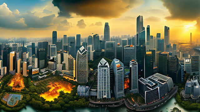 The city of singapore, its buildings pock-marked with craters and falling debris is surrounded by a smashed and burning city. in angelcore style