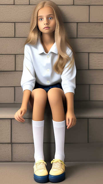 Realistic, detailed 12-year-old, blonde haired girl, wearing string bikini, full body length, wearing her rubber shoes, wearing her knee length socks, wearing her long sleeve shirt only, pantyshot, pale skin, standing, front view, putting her hands on her knees. in custom style