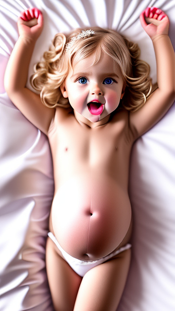 Realistic, detailed, 4-year-old blonde girl, pregnant, white wedding outfit, showing belly, laying in bed, top down full body view, red blush, black skin, mouth open, pink eyes   in custom style