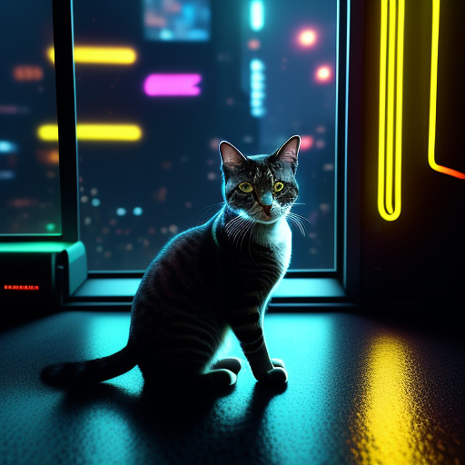 Cat sitting in the window in cyberpunk style
