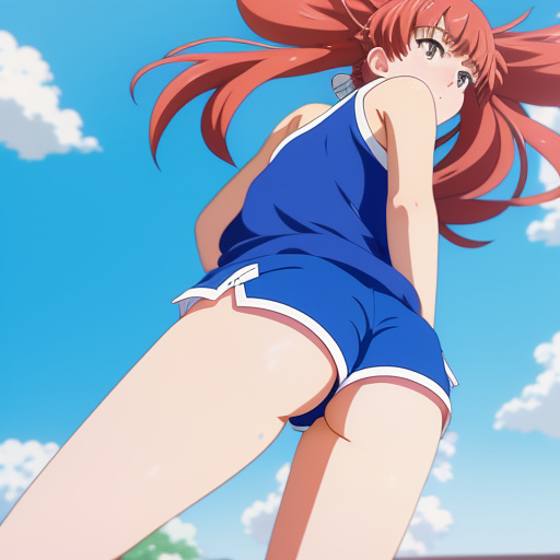 Woman in her 20s performing a knee kick in short shorts in anime style